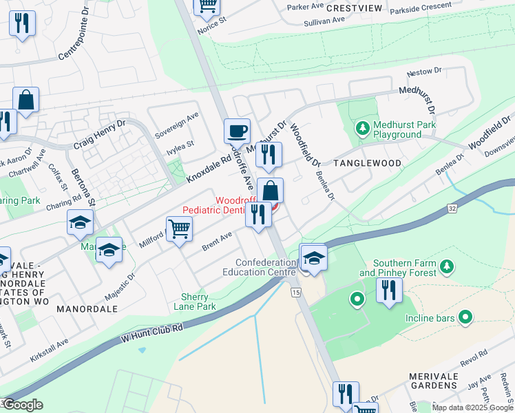 map of restaurants, bars, coffee shops, grocery stores, and more near 9 Majestic Drive in Ottawa
