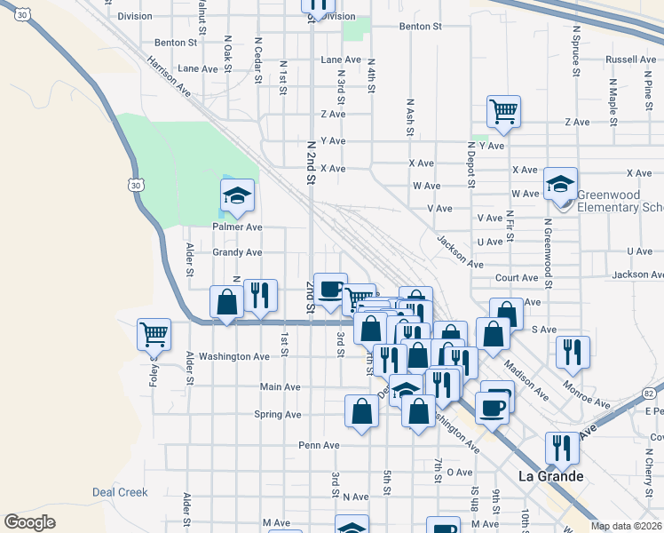 map of restaurants, bars, coffee shops, grocery stores, and more near 2109 3rd Street in La Grande