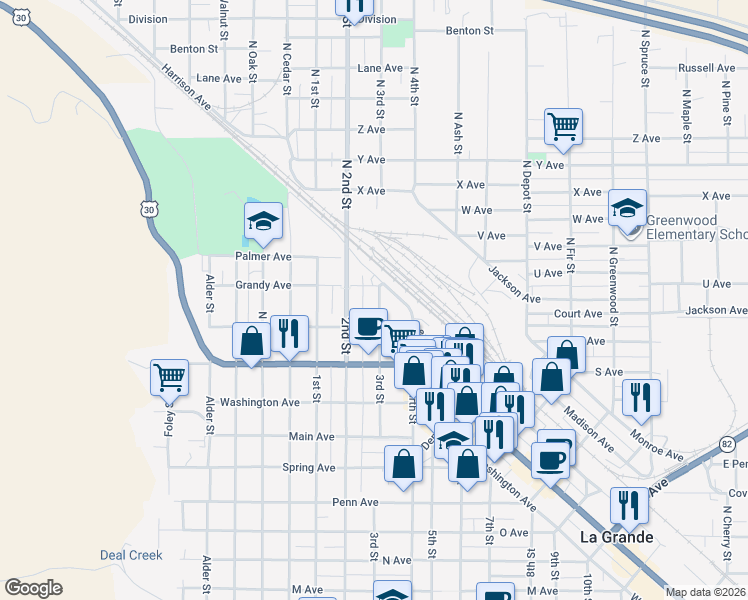 map of restaurants, bars, coffee shops, grocery stores, and more near 2109 3rd Street in La Grande