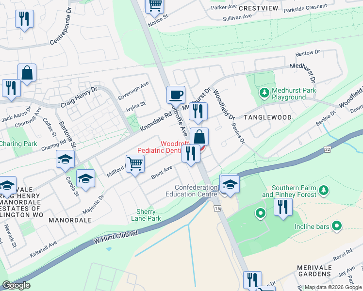 map of restaurants, bars, coffee shops, grocery stores, and more near 5 Majestic Drive in Ottawa