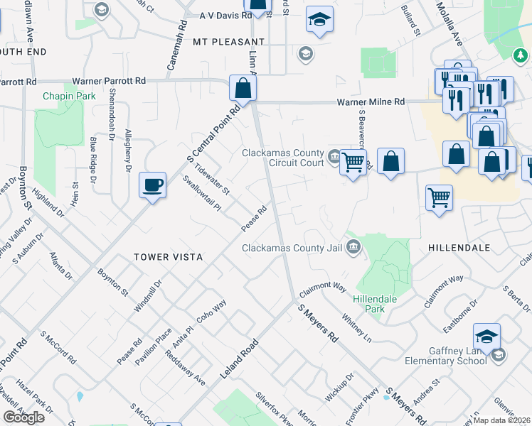 map of restaurants, bars, coffee shops, grocery stores, and more near 18950 South Pease Road in Oregon City