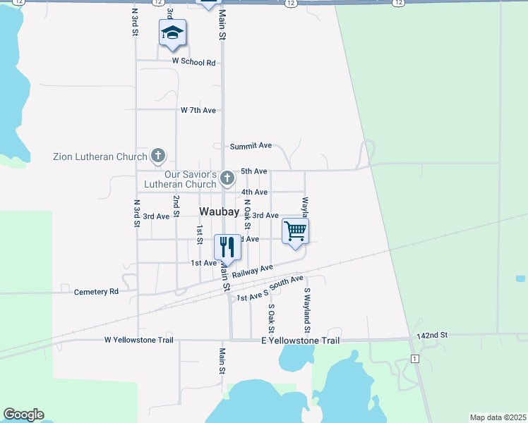 map of restaurants, bars, coffee shops, grocery stores, and more near 215 North Spruce Street in Waubay