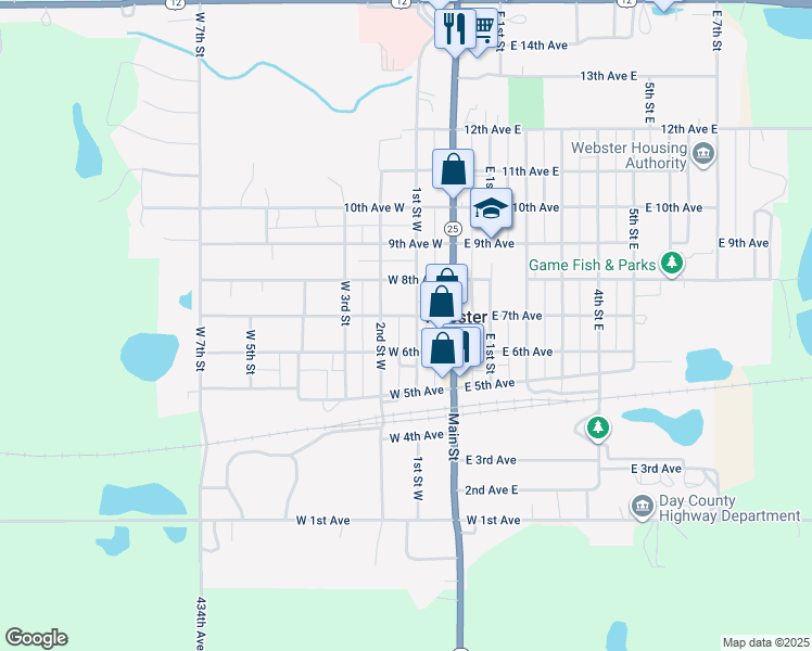 map of restaurants, bars, coffee shops, grocery stores, and more near 619 1st Street West in Webster