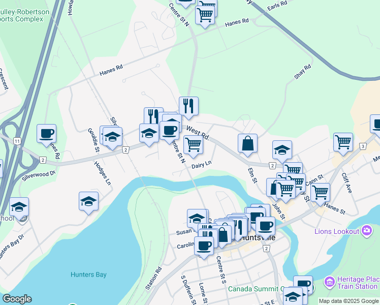 map of restaurants, bars, coffee shops, grocery stores, and more near 24 Dairy Lane in Huntsville