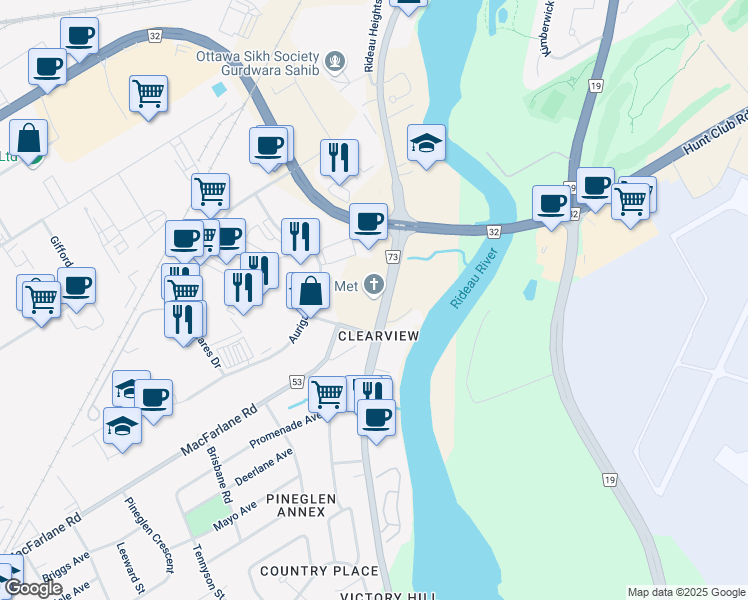 map of restaurants, bars, coffee shops, grocery stores, and more near 2176 Prince of Wales Drive in Ottawa