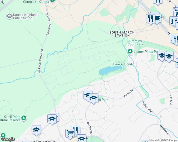 map of restaurants, bars, coffee shops, grocery stores, and more near Beaver Pond Trail in Ottawa