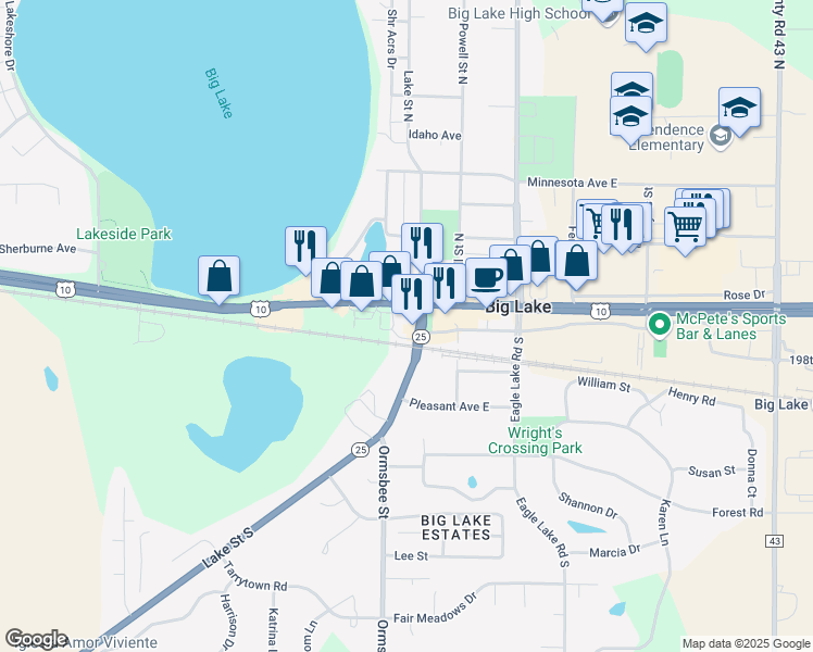 map of restaurants, bars, coffee shops, grocery stores, and more near 101 Lake Street South in Big Lake
