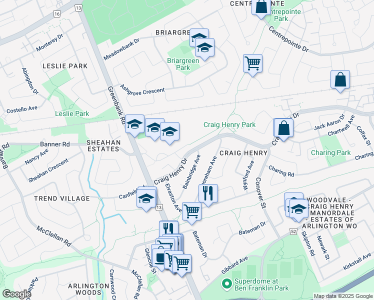 map of restaurants, bars, coffee shops, grocery stores, and more near 77 Craig Henry Drive in Ottawa