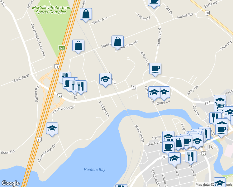 map of restaurants, bars, coffee shops, grocery stores, and more near 118 Muskoka District Road 2 in Huntsville