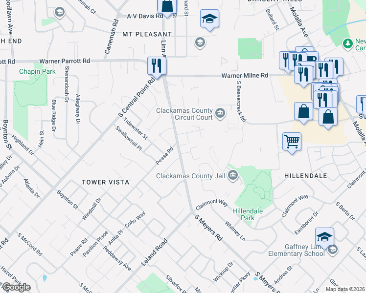 map of restaurants, bars, coffee shops, grocery stores, and more near 18950 South Pease Road in Oregon City