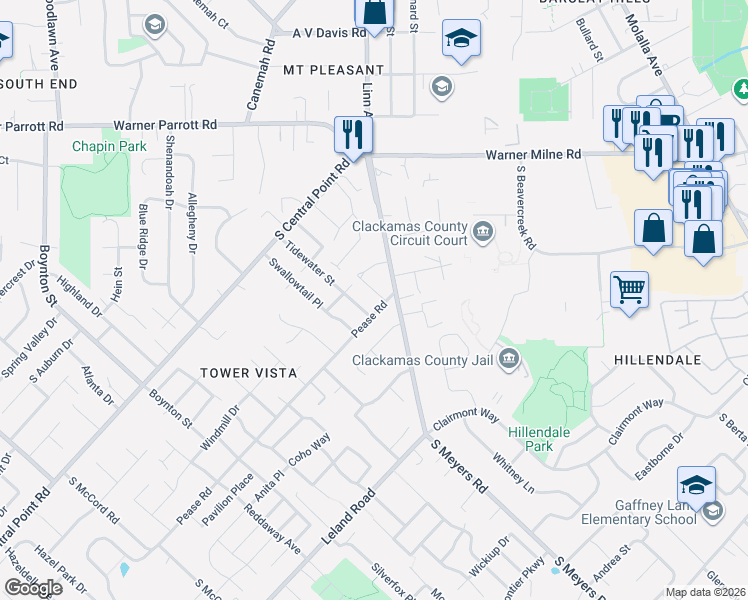 map of restaurants, bars, coffee shops, grocery stores, and more near 18950 South Pease Road in Oregon City