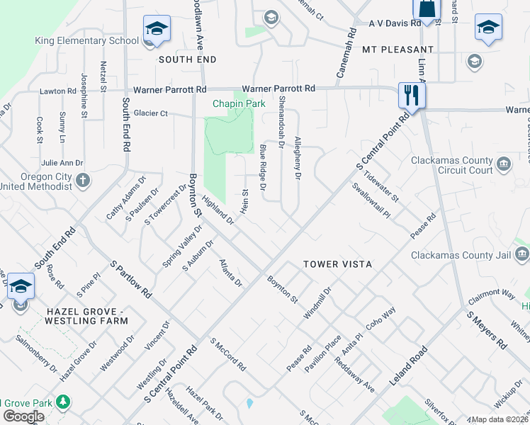 map of restaurants, bars, coffee shops, grocery stores, and more near 19047 South Central Point Road in Oregon City