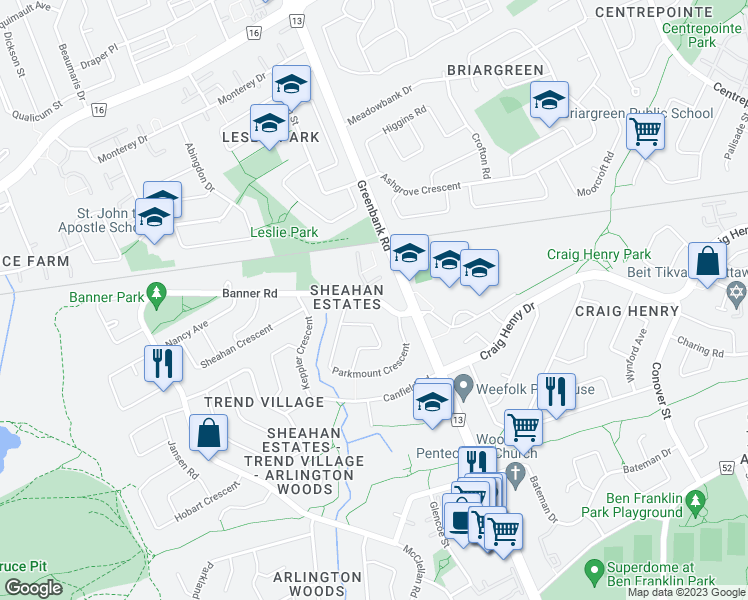 map of restaurants, bars, coffee shops, grocery stores, and more near Banner Road in Ottawa