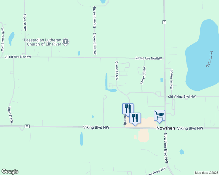 map of restaurants, bars, coffee shops, grocery stores, and more near 19950 Iguana Street Northwest in Elk River