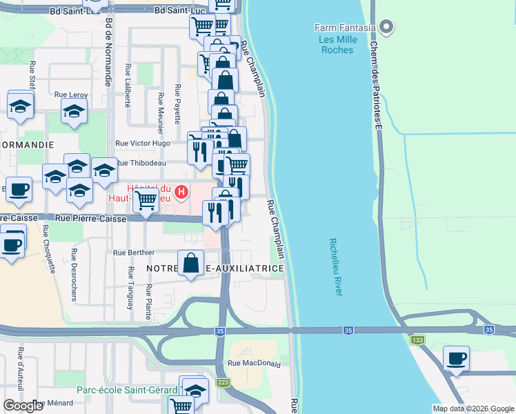 map of restaurants, bars, coffee shops, grocery stores, and more near 272 Rue Bonneau in Saint-Jean-sur-Richelieu