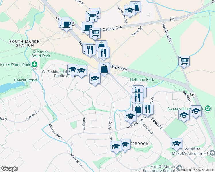map of restaurants, bars, coffee shops, grocery stores, and more near 32 Milne Crescent in Ottawa