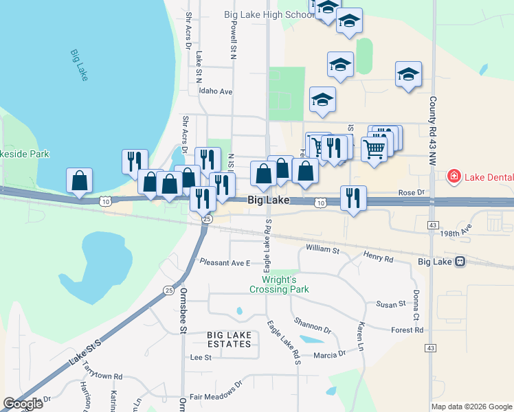map of restaurants, bars, coffee shops, grocery stores, and more near 450 Jefferson Boulevard in Big Lake