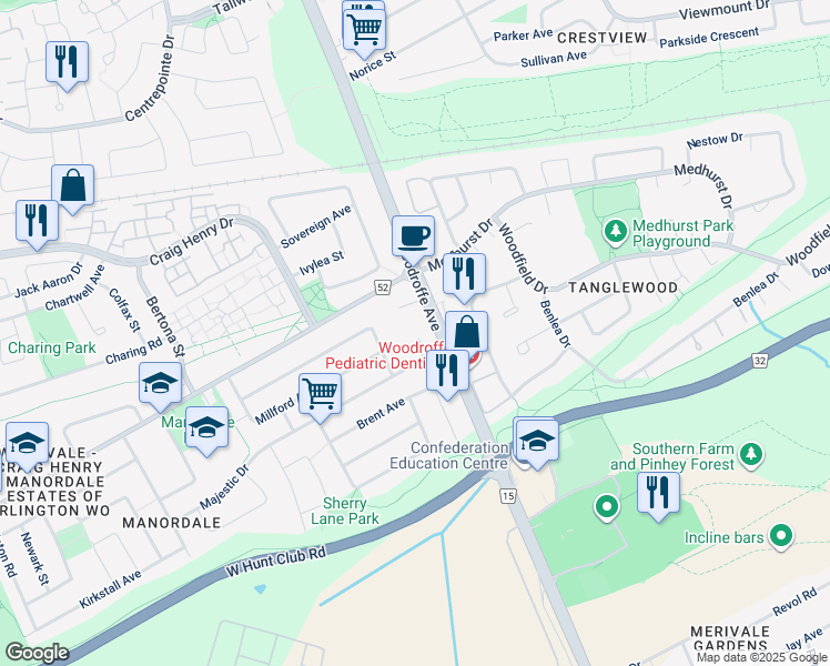 map of restaurants, bars, coffee shops, grocery stores, and more near 1664 Woodroffe Avenue in Ottawa