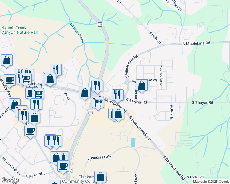 map of restaurants, bars, coffee shops, grocery stores, and more near 14330 South Maple Lane Court in Oregon City