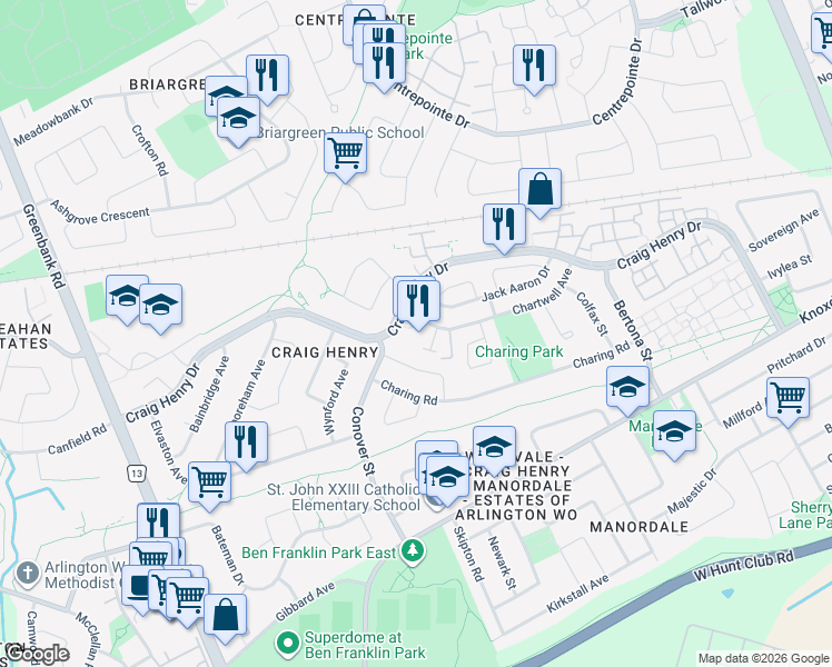 map of restaurants, bars, coffee shops, grocery stores, and more near in Ottawa