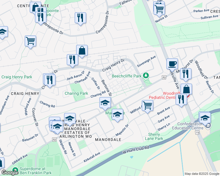 map of restaurants, bars, coffee shops, grocery stores, and more near 10 Woodvale Green in Ottawa