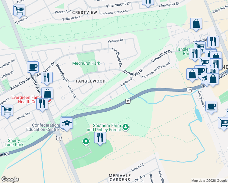 map of restaurants, bars, coffee shops, grocery stores, and more near 43 Benlea Drive in Ottawa
