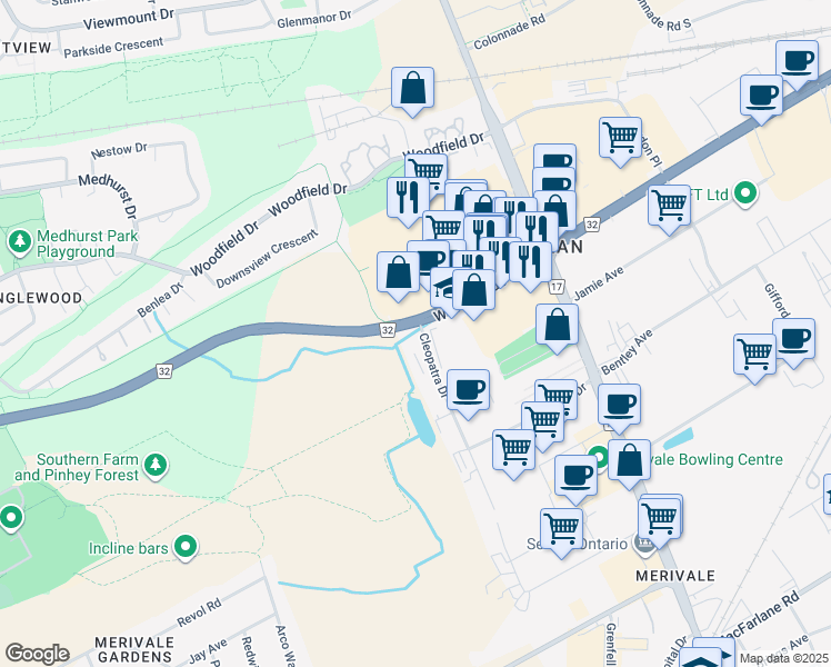 map of restaurants, bars, coffee shops, grocery stores, and more near 174 Cleopatra Drive in Ottawa
