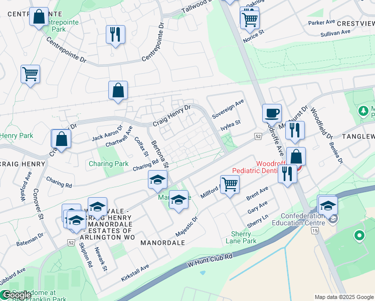 map of restaurants, bars, coffee shops, grocery stores, and more near 40 Woodvale Green in Ottawa