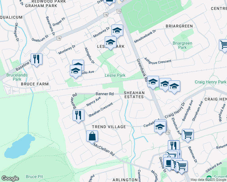 map of restaurants, bars, coffee shops, grocery stores, and more near 45 Banner Road in Ottawa