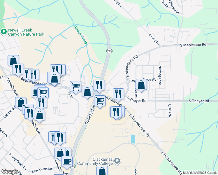 map of restaurants, bars, coffee shops, grocery stores, and more near 14228 South Maple Lane Court in Oregon City