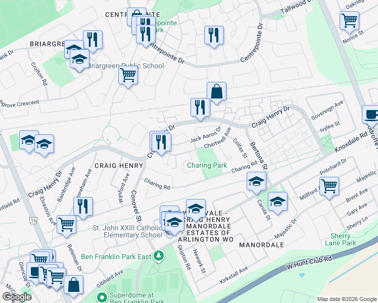 map of restaurants, bars, coffee shops, grocery stores, and more near 28 Chartwell Avenue in Ottawa
