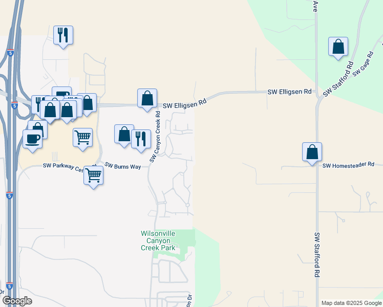 map of restaurants, bars, coffee shops, grocery stores, and more near 25800 Southwest Canyon Creek Road in Wilsonville