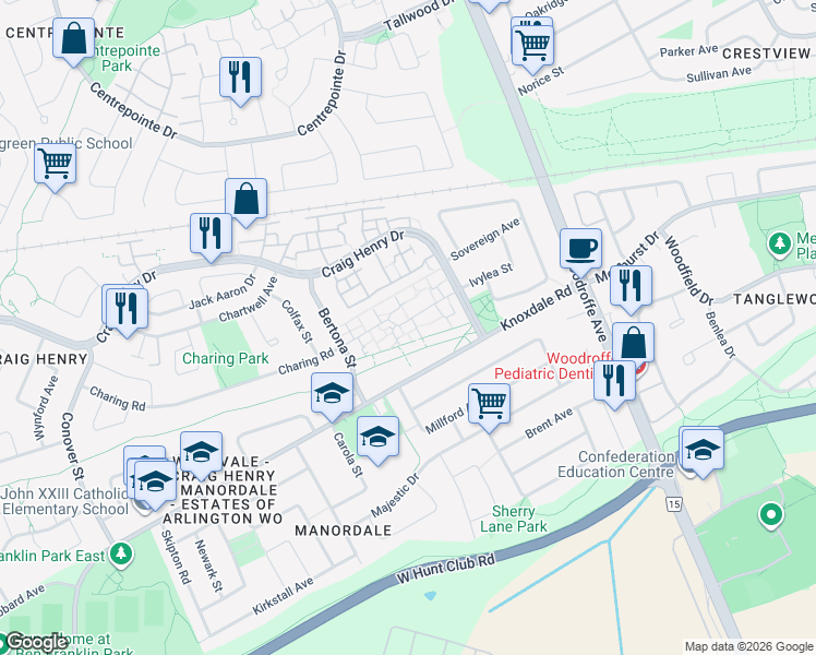 map of restaurants, bars, coffee shops, grocery stores, and more near 38 Woodvale Green in Ottawa