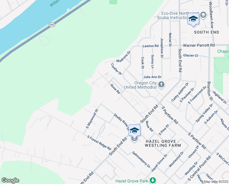 map of restaurants, bars, coffee shops, grocery stores, and more near 18944 Rose Road in Oregon City