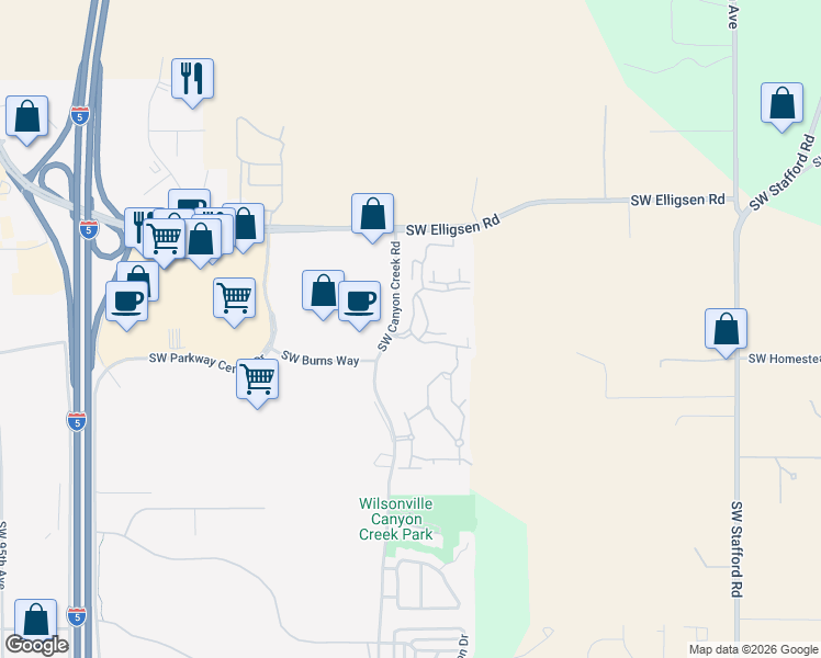 map of restaurants, bars, coffee shops, grocery stores, and more near 25684 Southwest Canyon Creek Road in Wilsonville