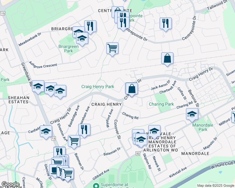 map of restaurants, bars, coffee shops, grocery stores, and more near 44 Aldridge Way in Ottawa
