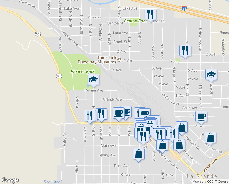 map of restaurants, bars, coffee shops, grocery stores, and more near 701 Palmer Avenue in La Grande