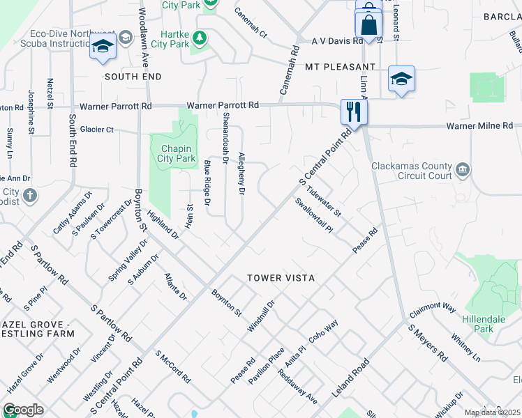 map of restaurants, bars, coffee shops, grocery stores, and more near 18913 South Central Point Road in Oregon City