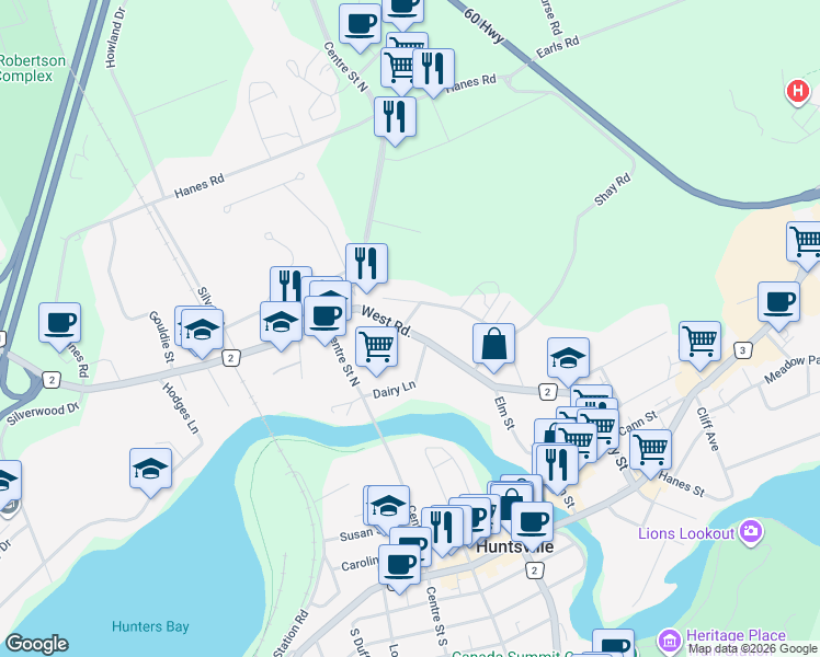 map of restaurants, bars, coffee shops, grocery stores, and more near 58 Muskoka District Road 2 in Huntsville
