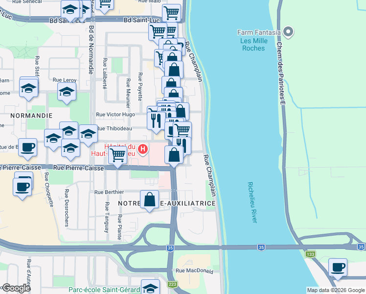 map of restaurants, bars, coffee shops, grocery stores, and more near 939-D Boulevard du Séminaire Nord in Saint-Jean-sur-Richelieu