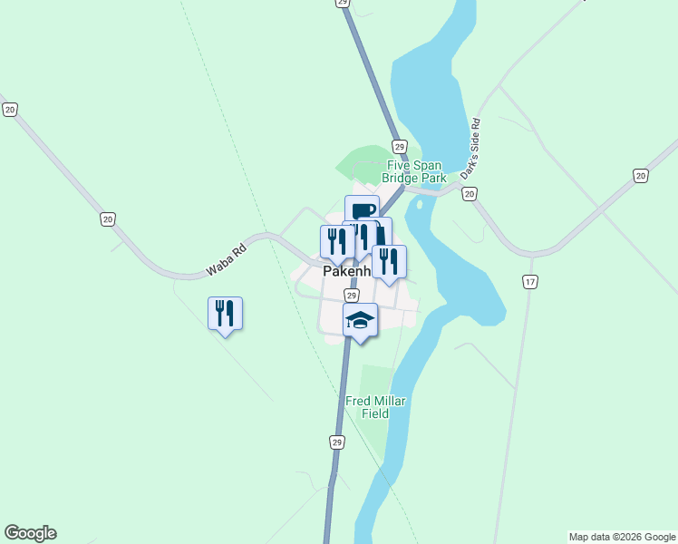 map of restaurants, bars, coffee shops, grocery stores, and more near 111 Waba Road in Pakenham