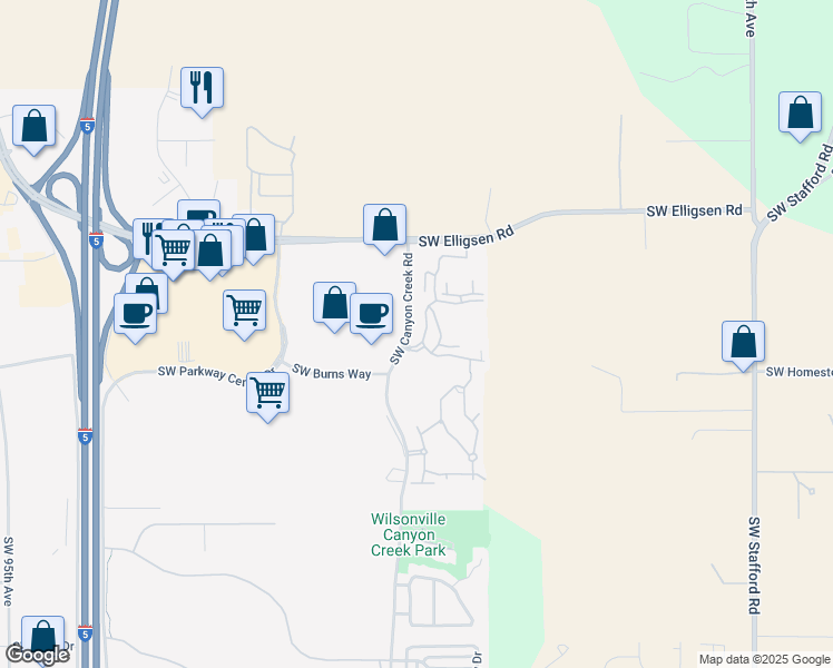 map of restaurants, bars, coffee shops, grocery stores, and more near 25684 Southwest Canyon Creek Road in Wilsonville