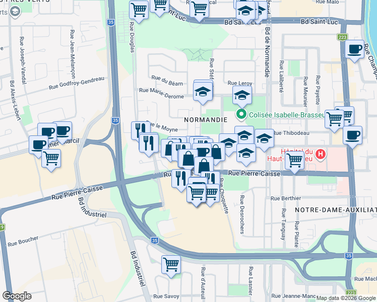 map of restaurants, bars, coffee shops, grocery stores, and more near Rue de Bristol in Saint-Jean-sur-Richelieu