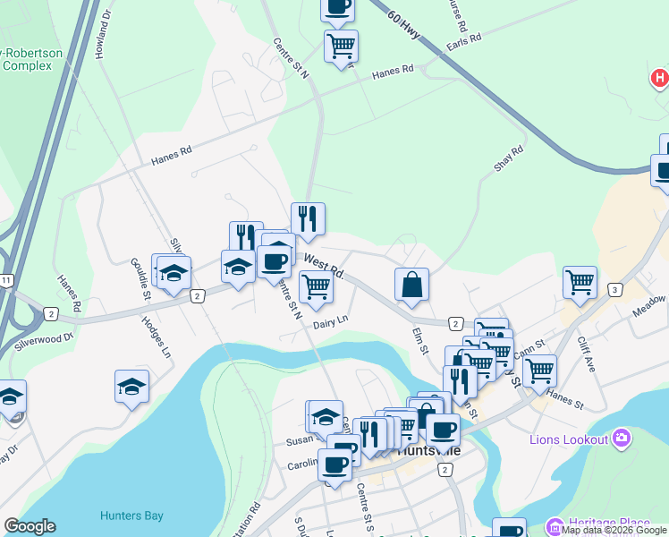 map of restaurants, bars, coffee shops, grocery stores, and more near 58 Muskoka District Road 2 in Huntsville