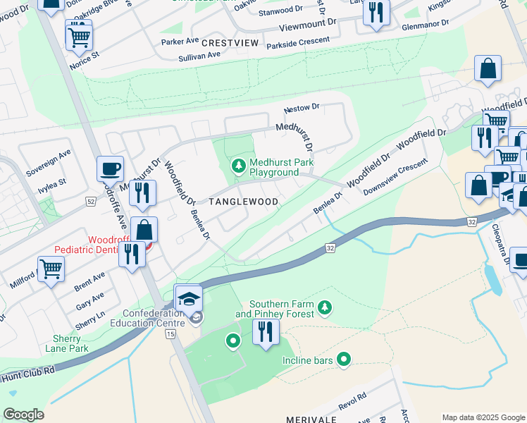map of restaurants, bars, coffee shops, grocery stores, and more near 320 Woodfield Drive in Ottawa