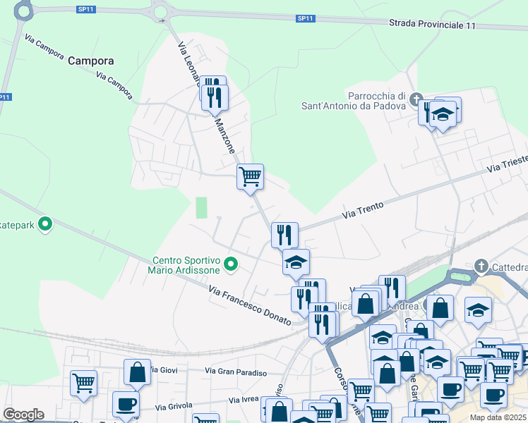 map of restaurants, bars, coffee shops, grocery stores, and more near 25 Via Leonardo Walter Manzone in Vercelli