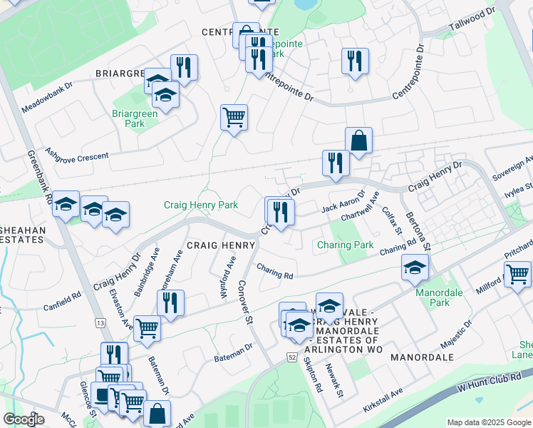 map of restaurants, bars, coffee shops, grocery stores, and more near 185 Craig Henry Drive in Ottawa