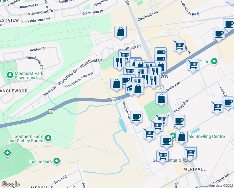 map of restaurants, bars, coffee shops, grocery stores, and more near 575 Ottawa 32 in Ottawa