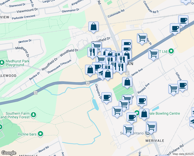 map of restaurants, bars, coffee shops, grocery stores, and more near 575 Ottawa 32 in Ottawa