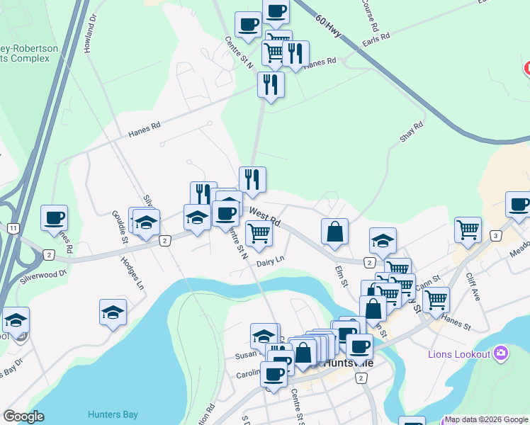 map of restaurants, bars, coffee shops, grocery stores, and more near 64 West Road in Huntsville